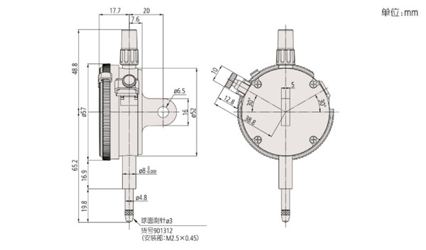 日本三豐Mitutoyo指針式百分表2046S尺寸圖 
