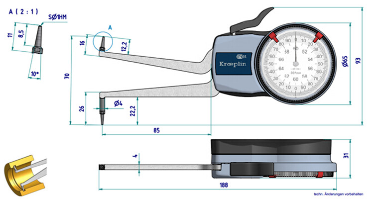 德國指針式內卡規H250尺寸圖 
